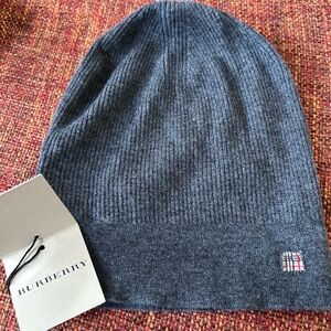 Burberry Charcoal Ribbed Beanie 100% Cashmere NWT